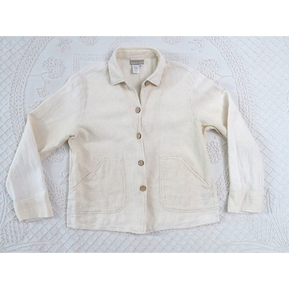 Coldwater Creek Medium Cream Woven Hemp Cotton Chore Coat Jacket Shirt Vintage